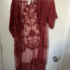 SO Sheer Floral Lace Kimono Robe - Rust Red